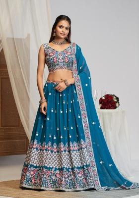 Blue Embroidered Georgette Lehenga Set