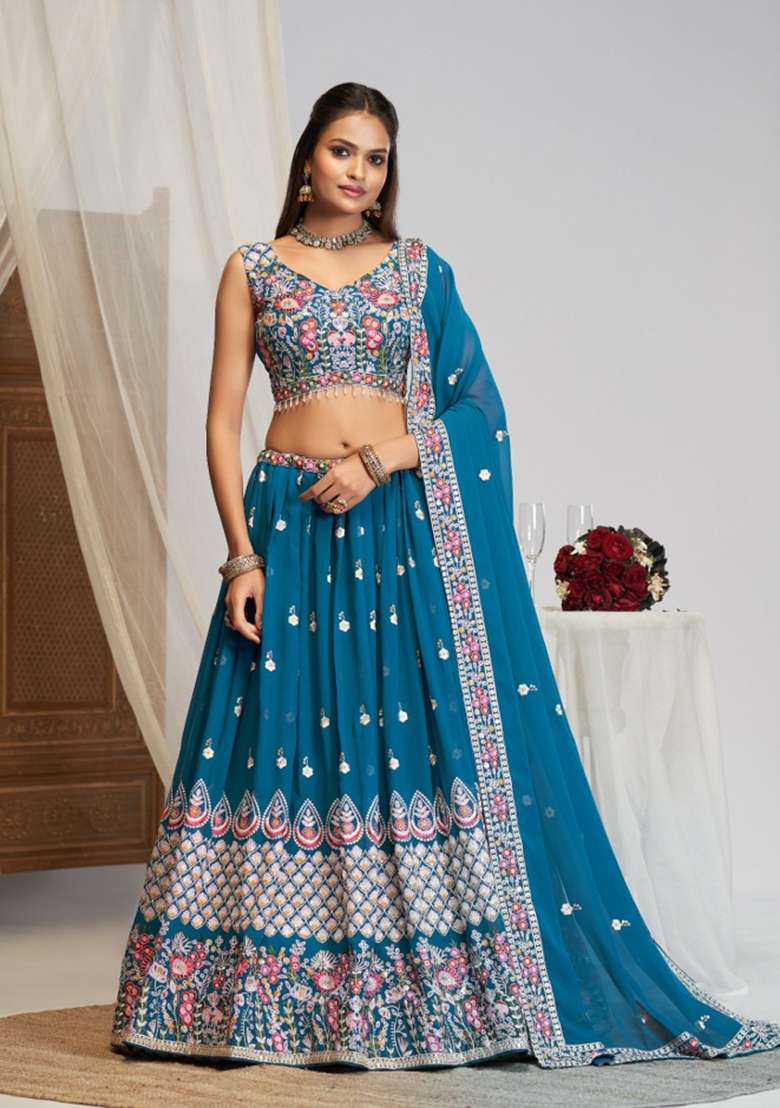Blue Embroidered Georgette Lehenga Set - Indya