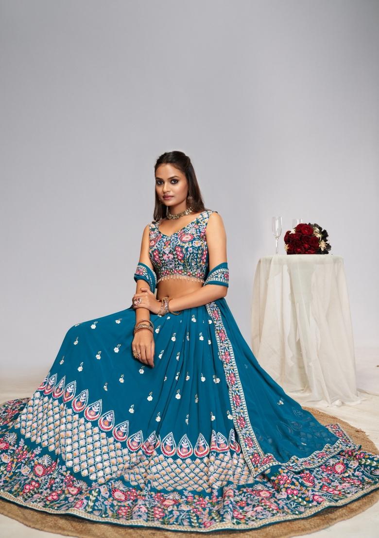 Blue Embroidered Georgette Lehenga Set - Indya