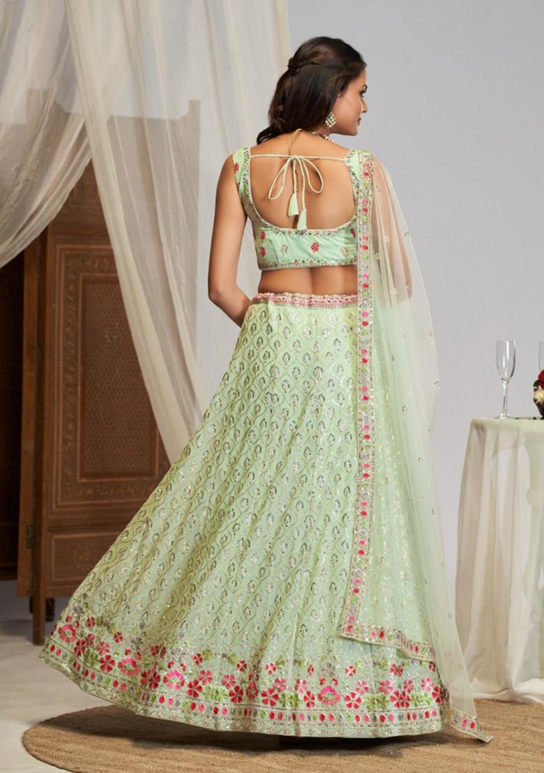 Light Green Embroidered Georgette Lehenga Set - Indya