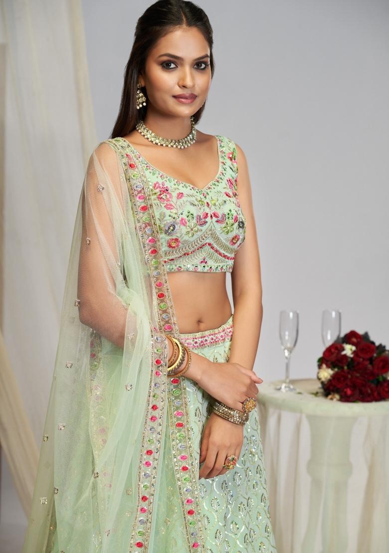 Light Green Embroidered Georgette Lehenga Set - Indya