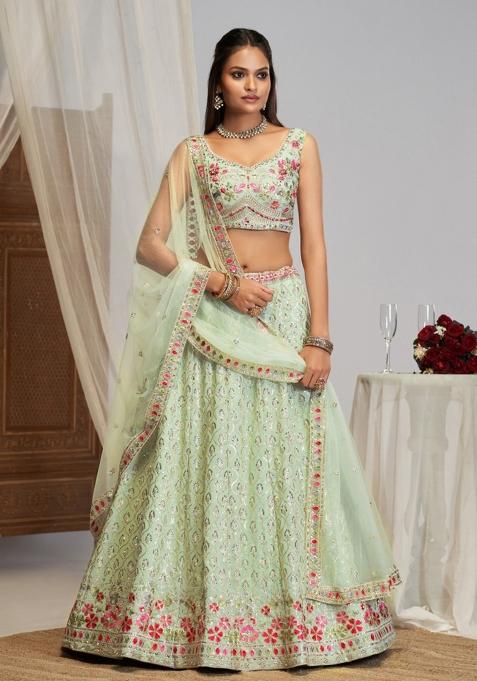 Light Green Embroidered Georgette Lehenga Set