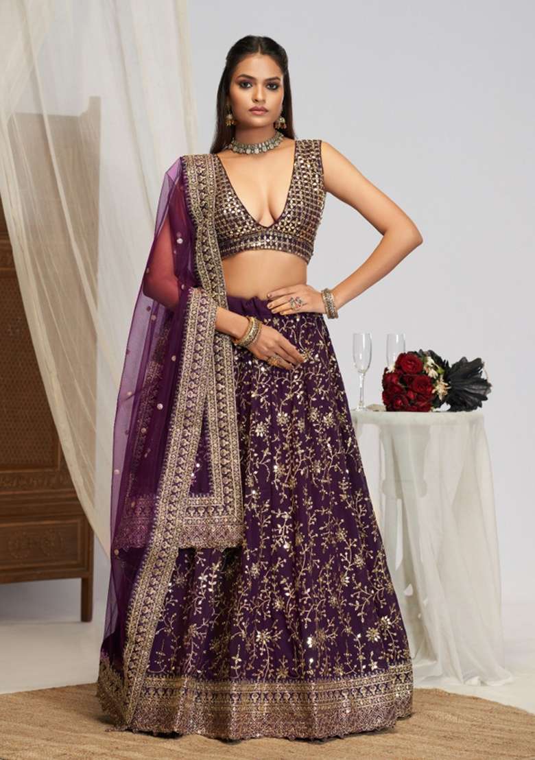 Purple Embroidered Georgette Lehenga Set for Diwali and Festive Wear - Indya