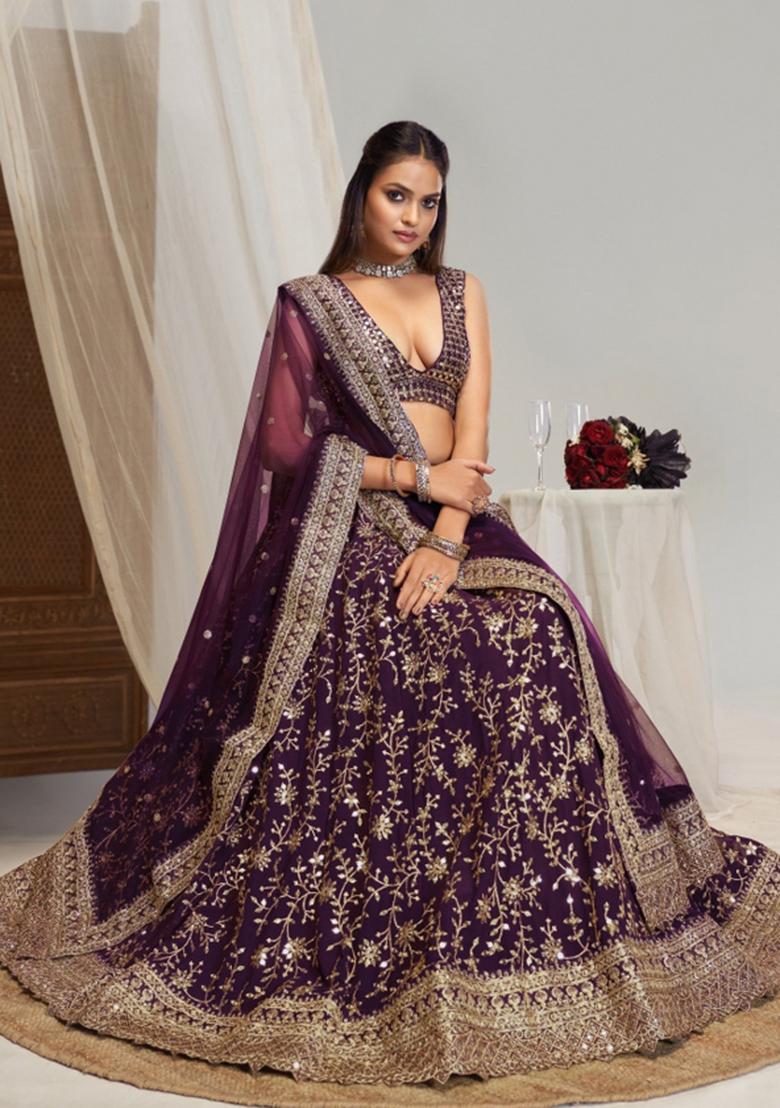 Purple Embroidered Georgette Lehenga Set - Indya