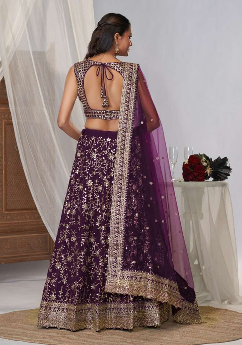 Purple Embroidered Georgette Lehenga Set for Diwali and Festive Wear - Indya