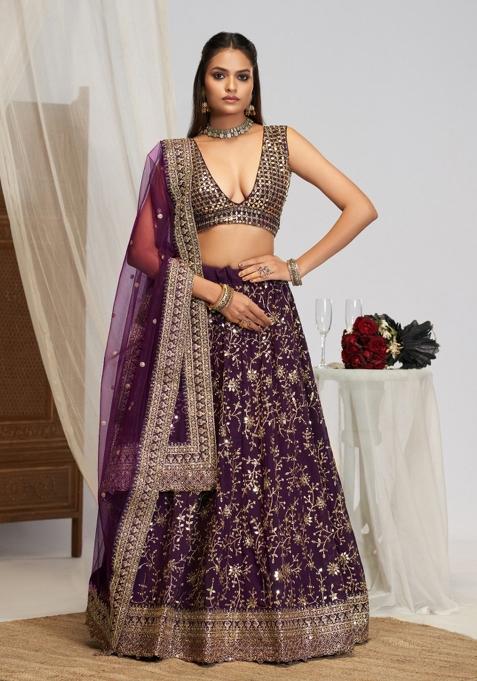 Purple Embroidered Georgette Lehenga Set