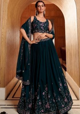 Dark Teal Embroidered Georgette Lehenga Set