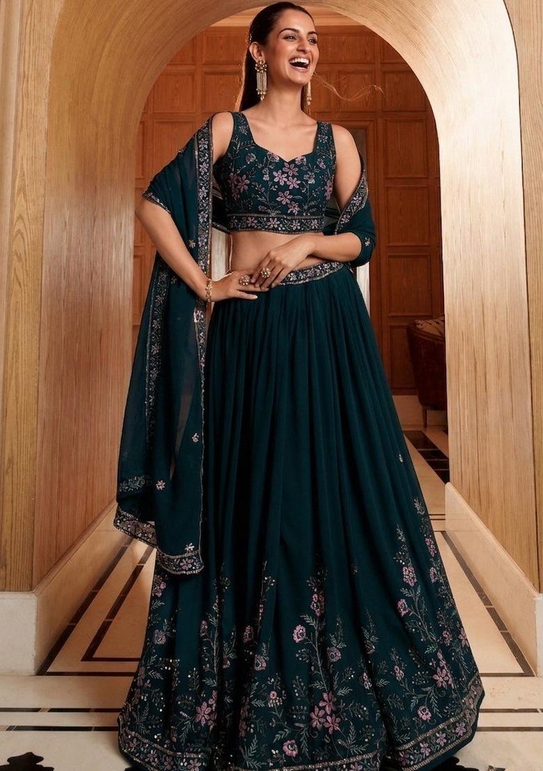 Dark Teal Embroidered Georgette Lehenga Set - Indya
