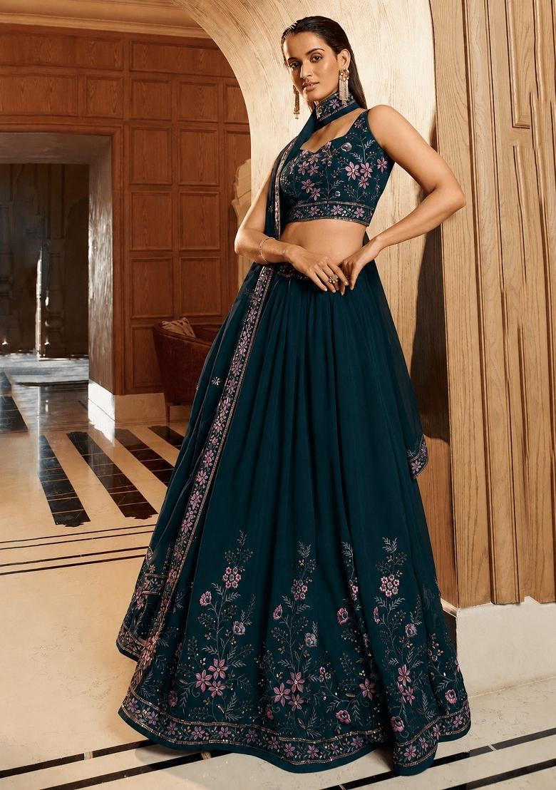 Dark Teal Embroidered Georgette Lehenga Set - Indya