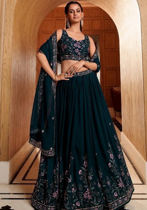 Dark Teal Embroidered Georgette Lehenga Set