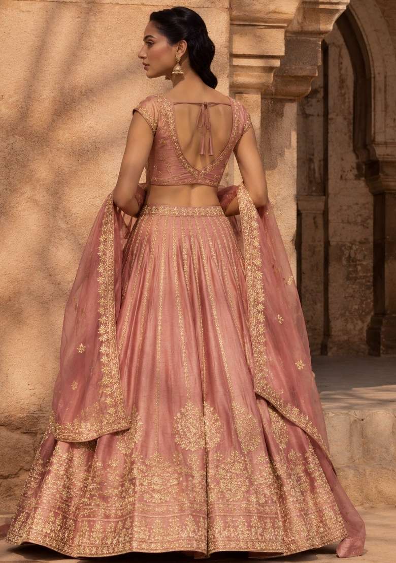 Rose Pink Lehenga Set with Embroidered for Diwali | Wedding & Festive Wear - Indya