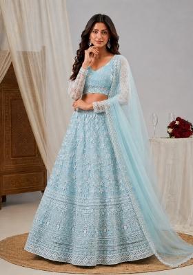 Sky Blue Embroidered Net Lehenga Set