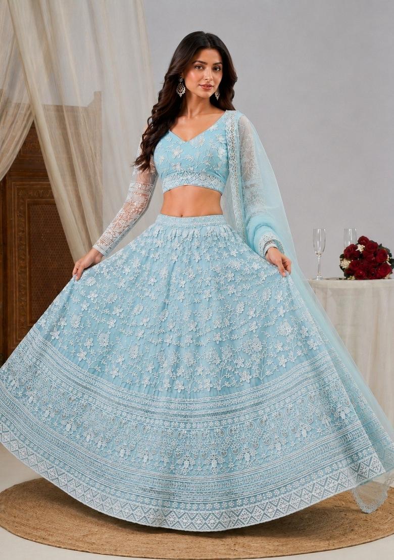 Sky Blue Embroidered Net Lehenga Set - Indya