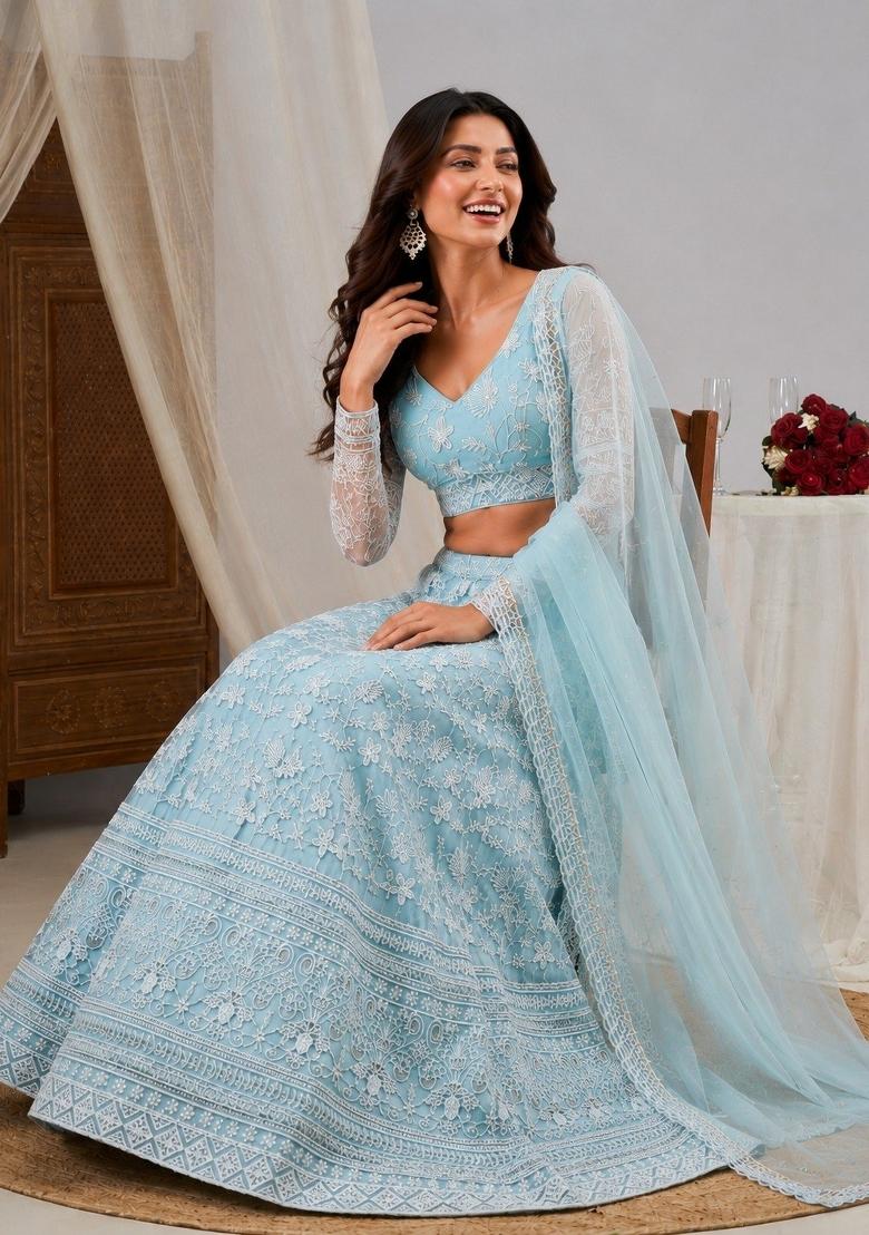 Sky Blue Embroidered Net Lehenga Set - Indya
