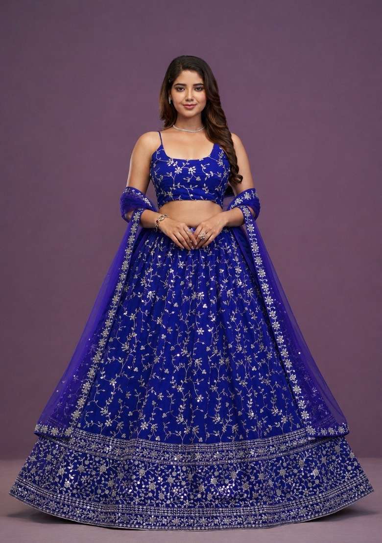 Royal Blue Embroidered Georgette Lehenga Set for Diwali and Festive Wear - Indya