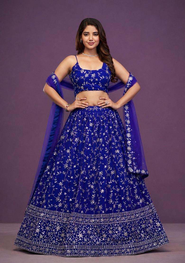 Royal Blue Embroidered Georgette Lehenga Set - Indya