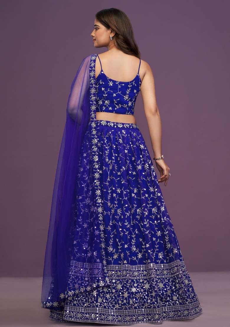Royal Blue Embroidered Georgette Lehenga Set for Diwali and Festive Wear - Indya