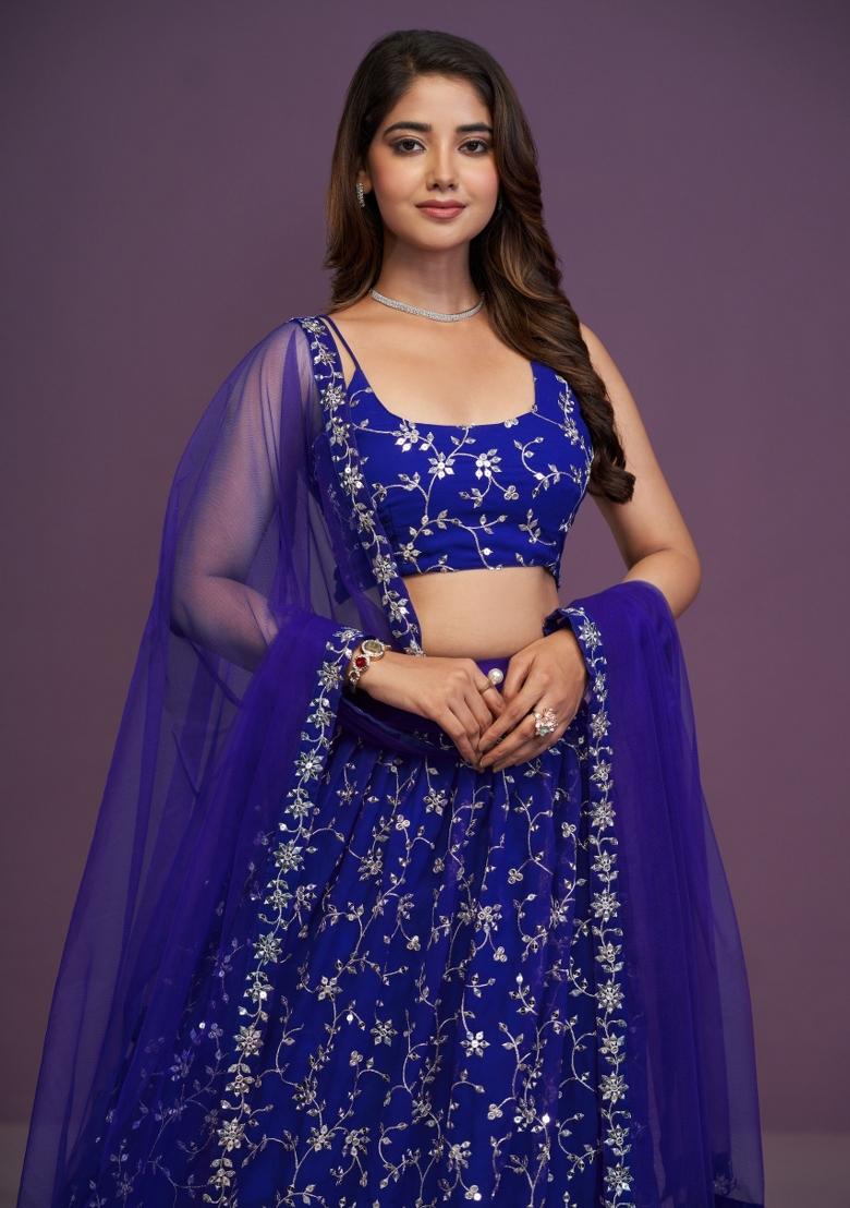 Royal Blue Embroidered Georgette Lehenga Set - Indya