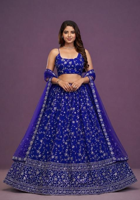 Royal Blue Embroidered Georgette Lehenga Set