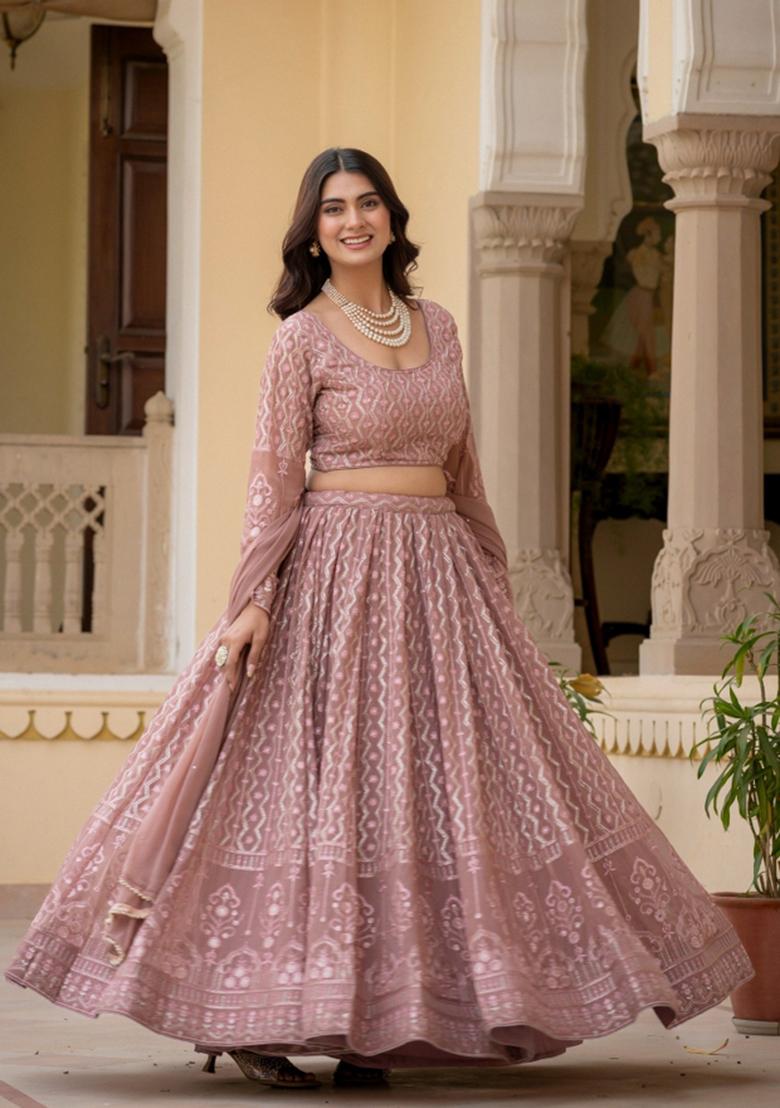 Rosy Brown Embroidered Georgette Lehenga Set - Indya