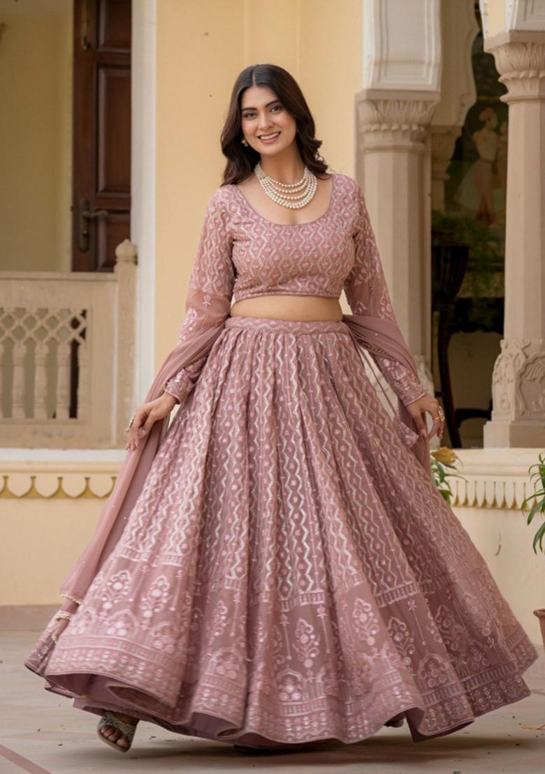 Rosy Brown Embroidered Georgette Lehenga Set - Indya