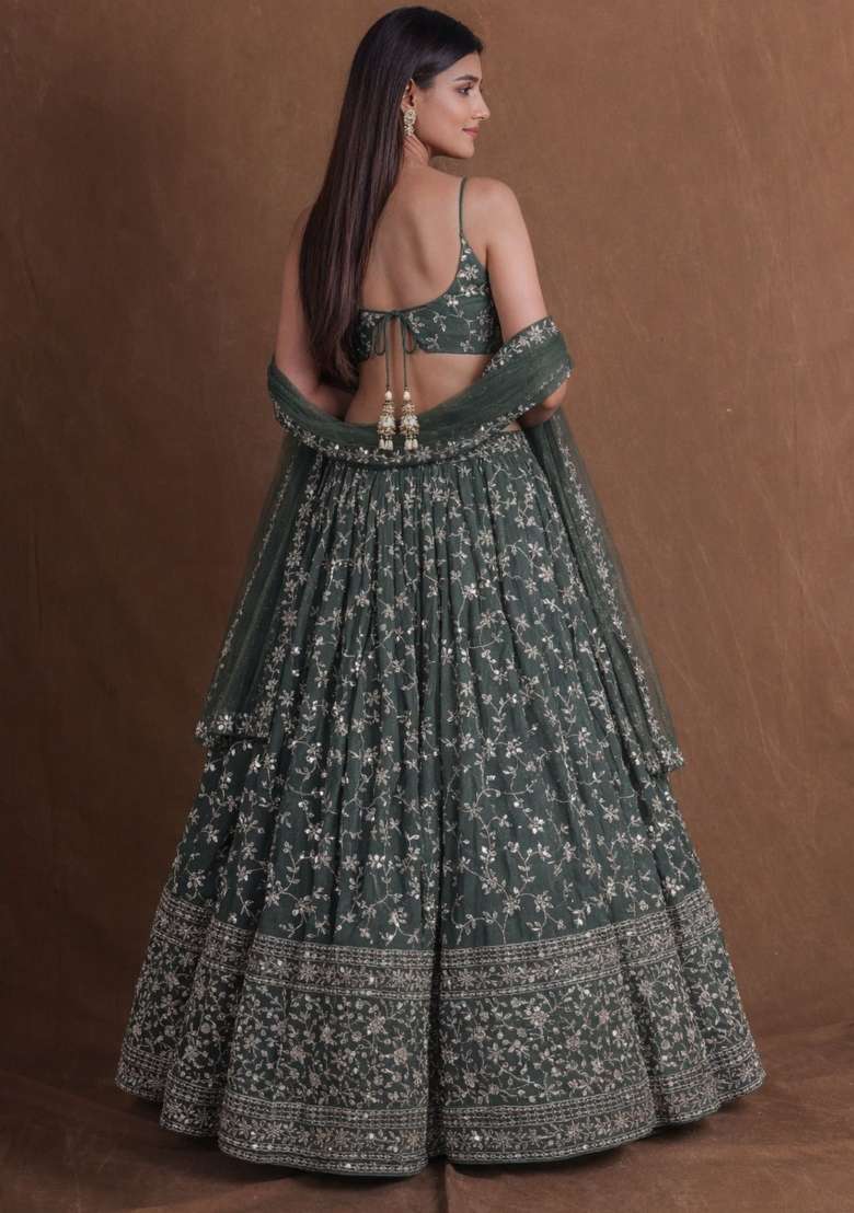 Green Embroidered Georgette Lehenga Set for Diwali and Festive Wear - Indya