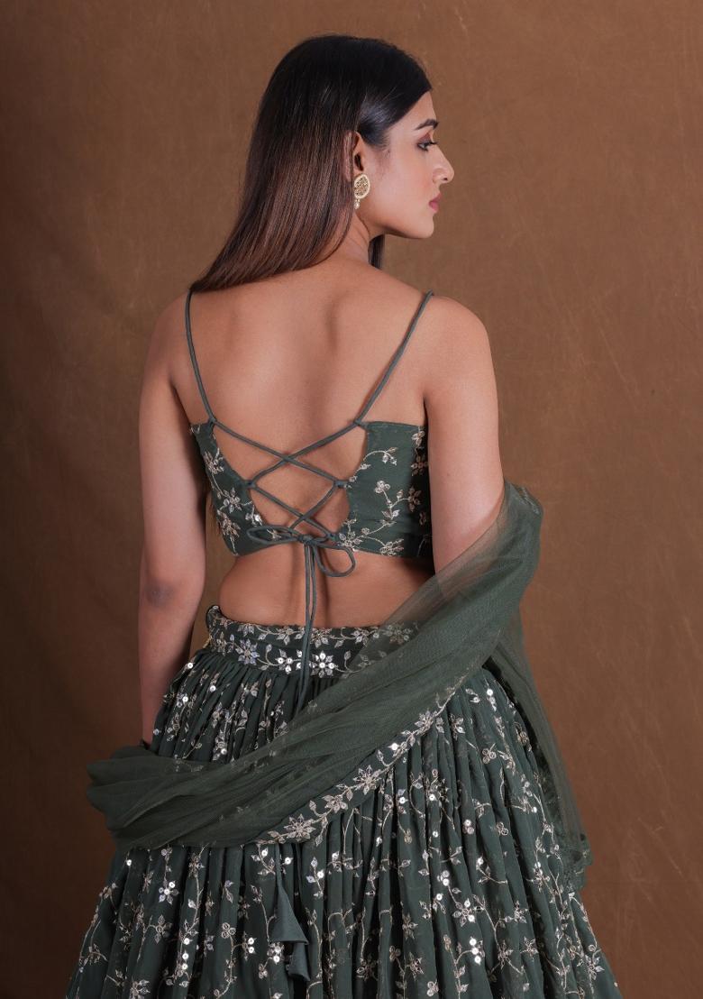 Green Embroidered Georgette Lehenga Set - Indya