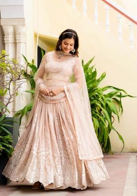 Peach Embroidered Georgette Lehenga Set