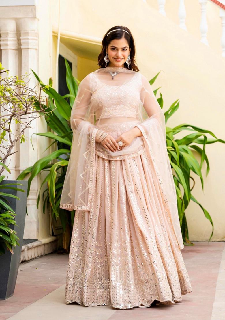Peach Embroidered Georgette Lehenga Set - Indya