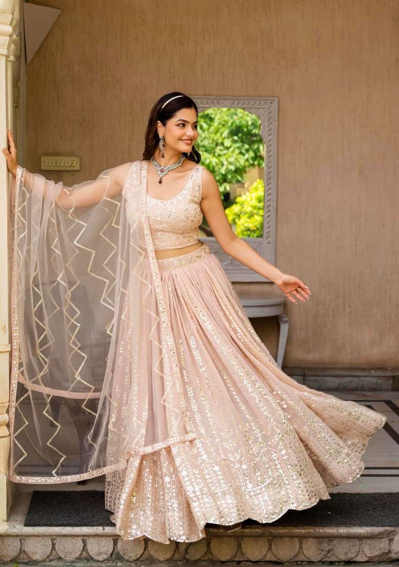 Peach Embroidered Georgette Lehenga Set for Diwali and Festive Wear - Indya