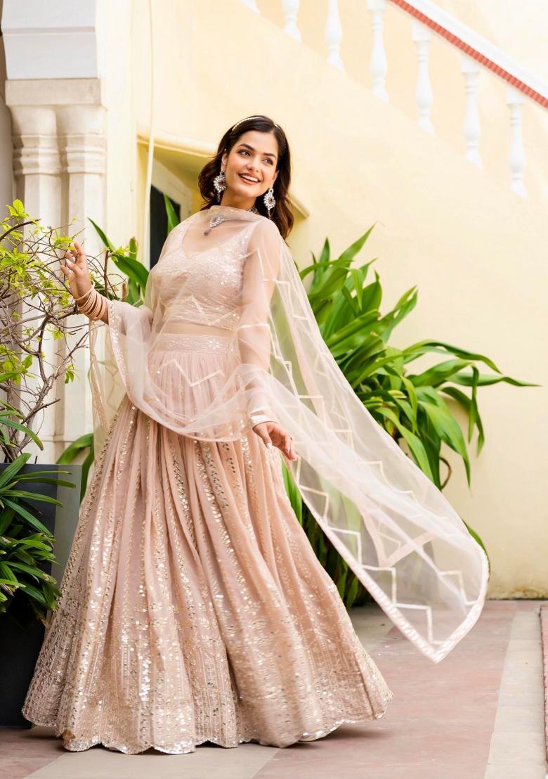 Peach Embroidered Georgette Lehenga Set - Indya