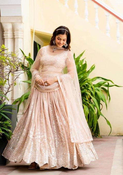Peach Embroidered Georgette Lehenga Set
