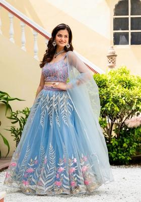 Sky Blue Embroidered Net Lehenga Set