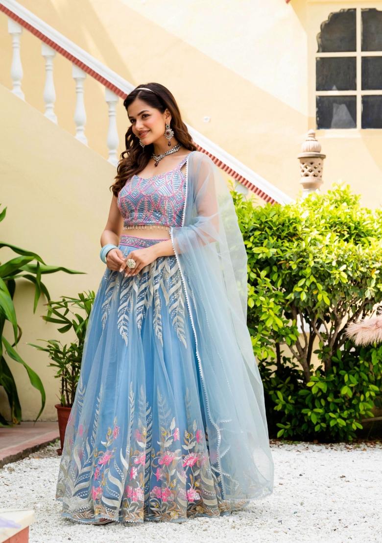 Sky Blue Embroidered Net Lehenga Set - Indya