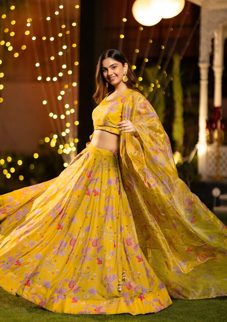 Yellow Printed Chinon Lehenga Set - Indya
