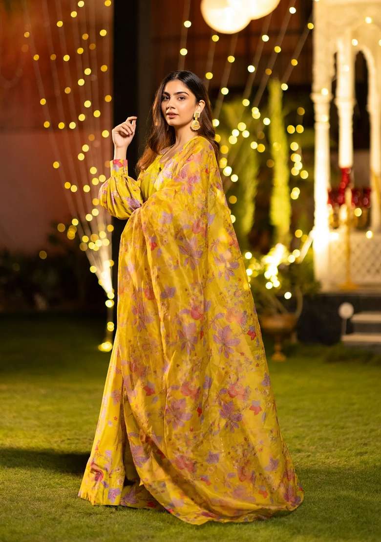Yellow Chinon Lehenga Set with Printed for Diwali | Wedding & Festive Wear - Indya