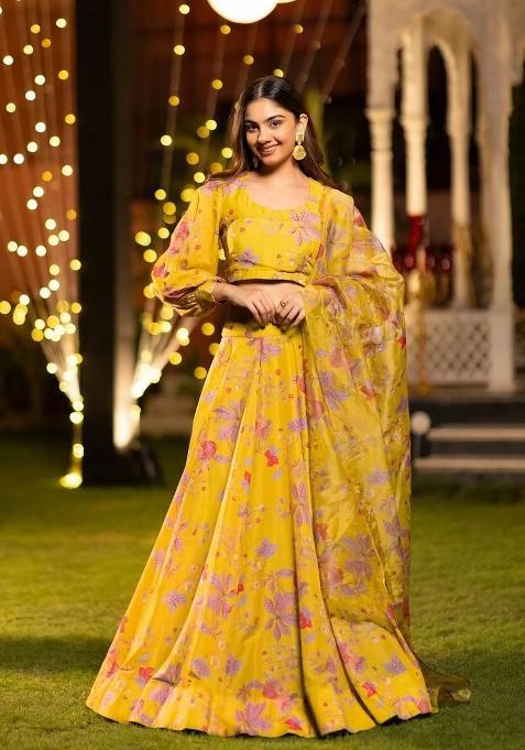 Yellow Printed Chinon Lehenga Set