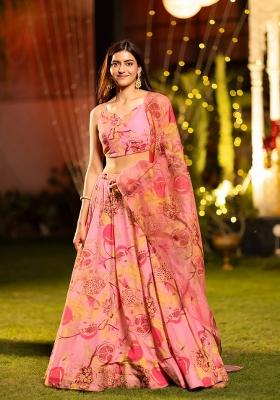 Peach Printed Chinon Lehenga Set
