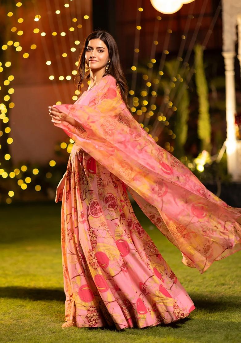 Peach Printed Chinon Lehenga Set - Indya