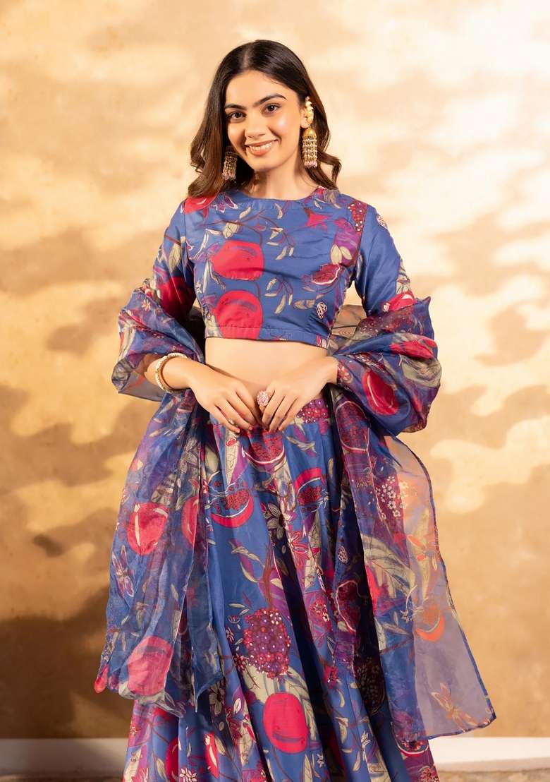 Purple Printed Chinon Lehenga Set for Diwali and Festive Wear - Indya