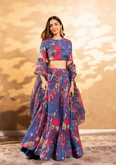 Purple Printed Chinon Lehenga Set