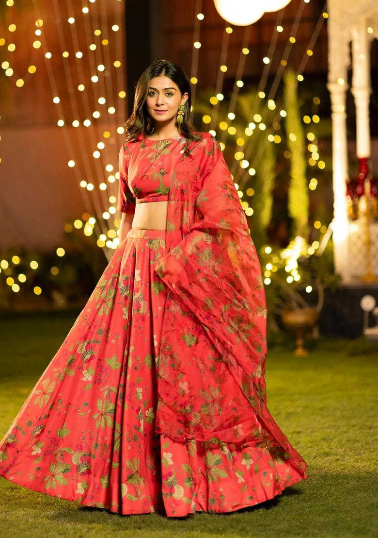Red Printed Chinon Lehenga Set - Indya