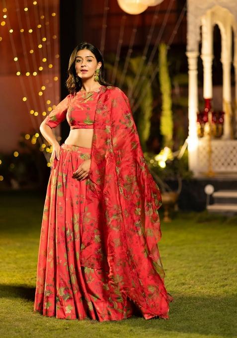 Red Printed Chinon Lehenga Set