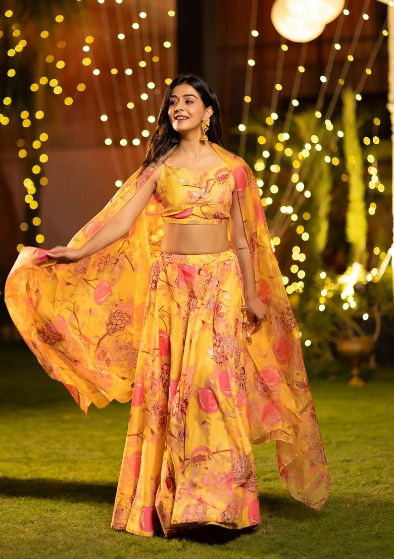 Yellow Printed Chinon Lehenga Set - Indya