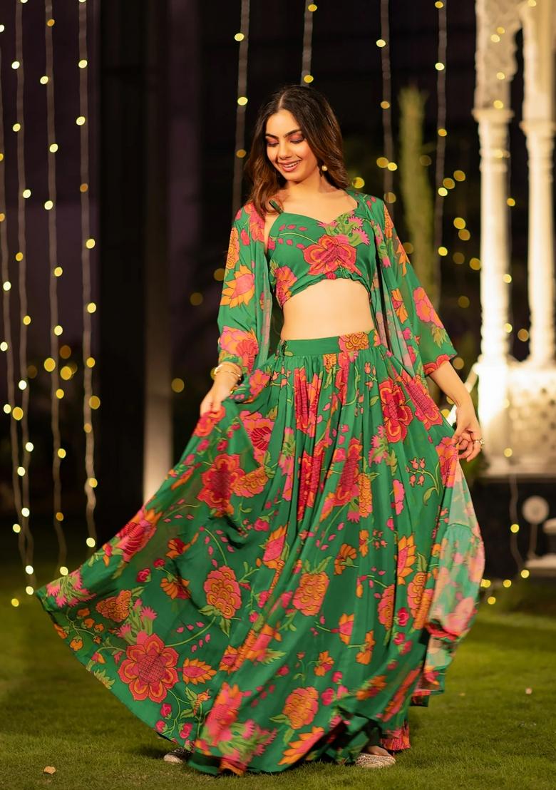 Green Printed Chinon Lehenga Set - Indya