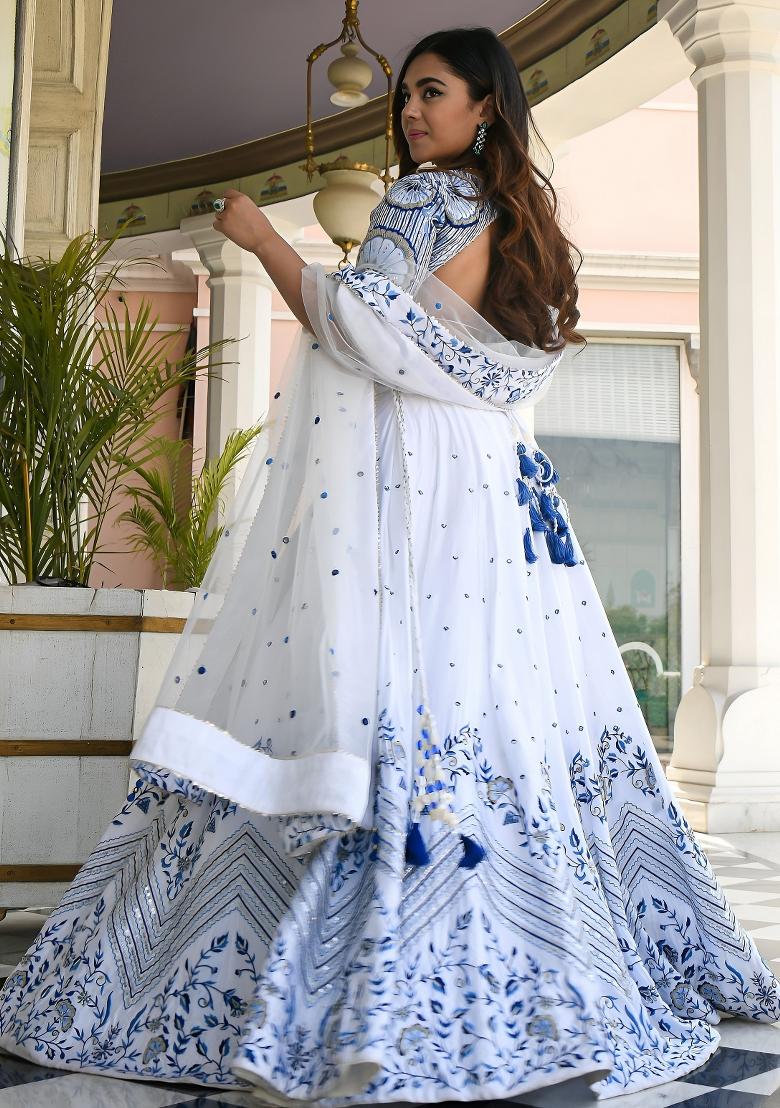 White Sequin Work Satin Lehenga Set - Indya