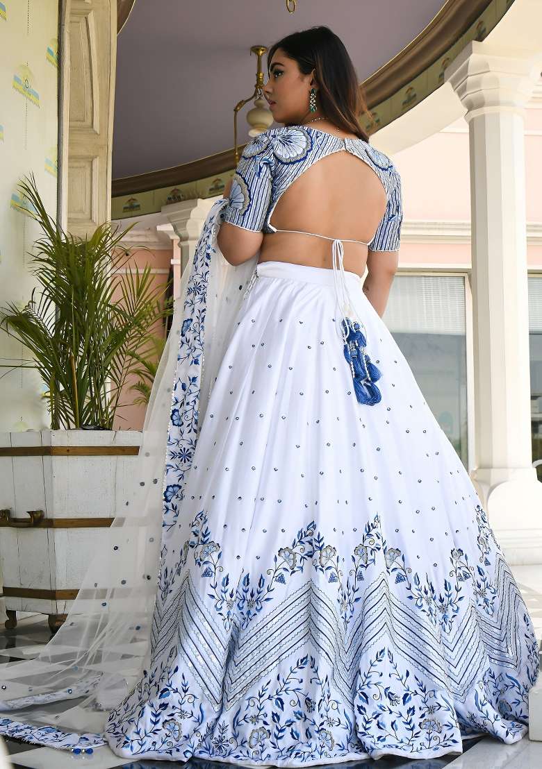 White Sequin Work Satin Lehenga Set - Indya