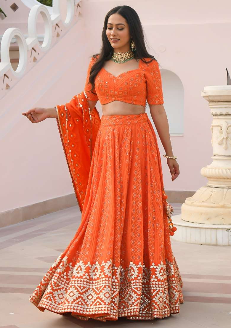 Orange Sequin Work Georgette Lehenga Set - Indya