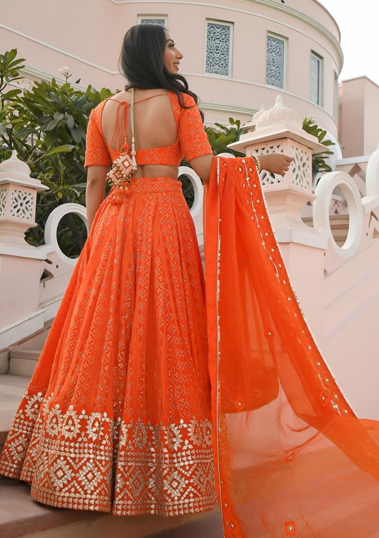 Orange Sequin Work Georgette Lehenga Set - Indya
