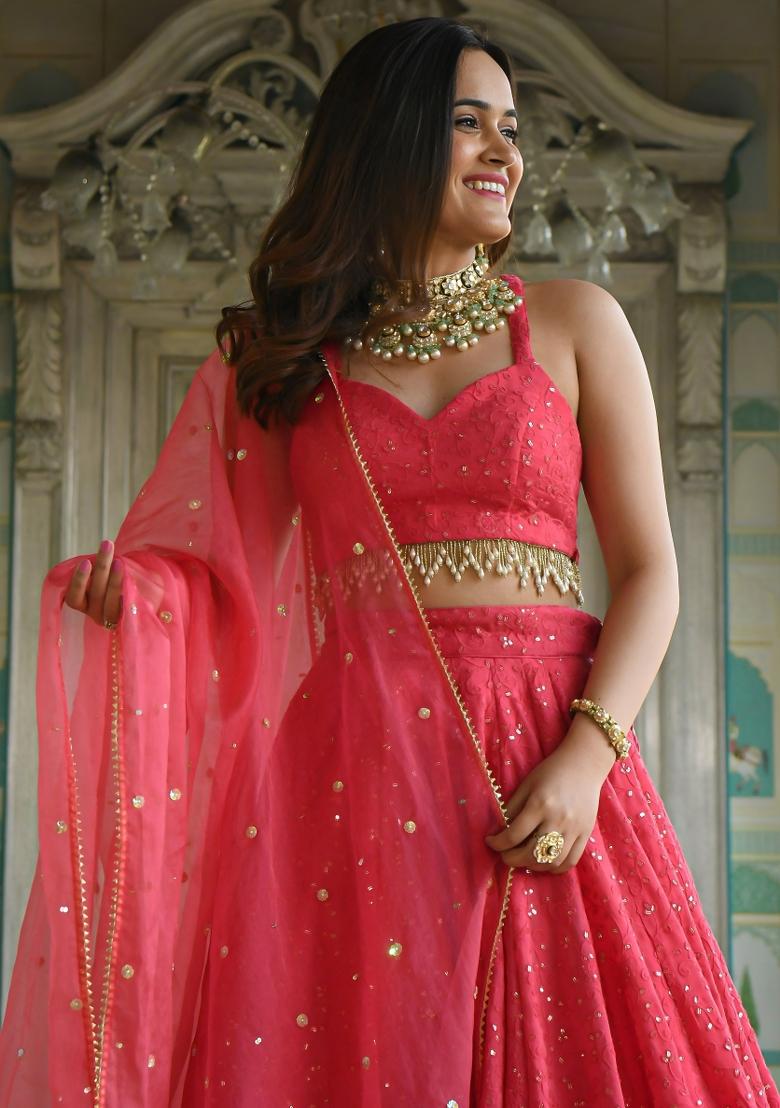 Pink Sequin Work Georgette Lehenga Set - Indya